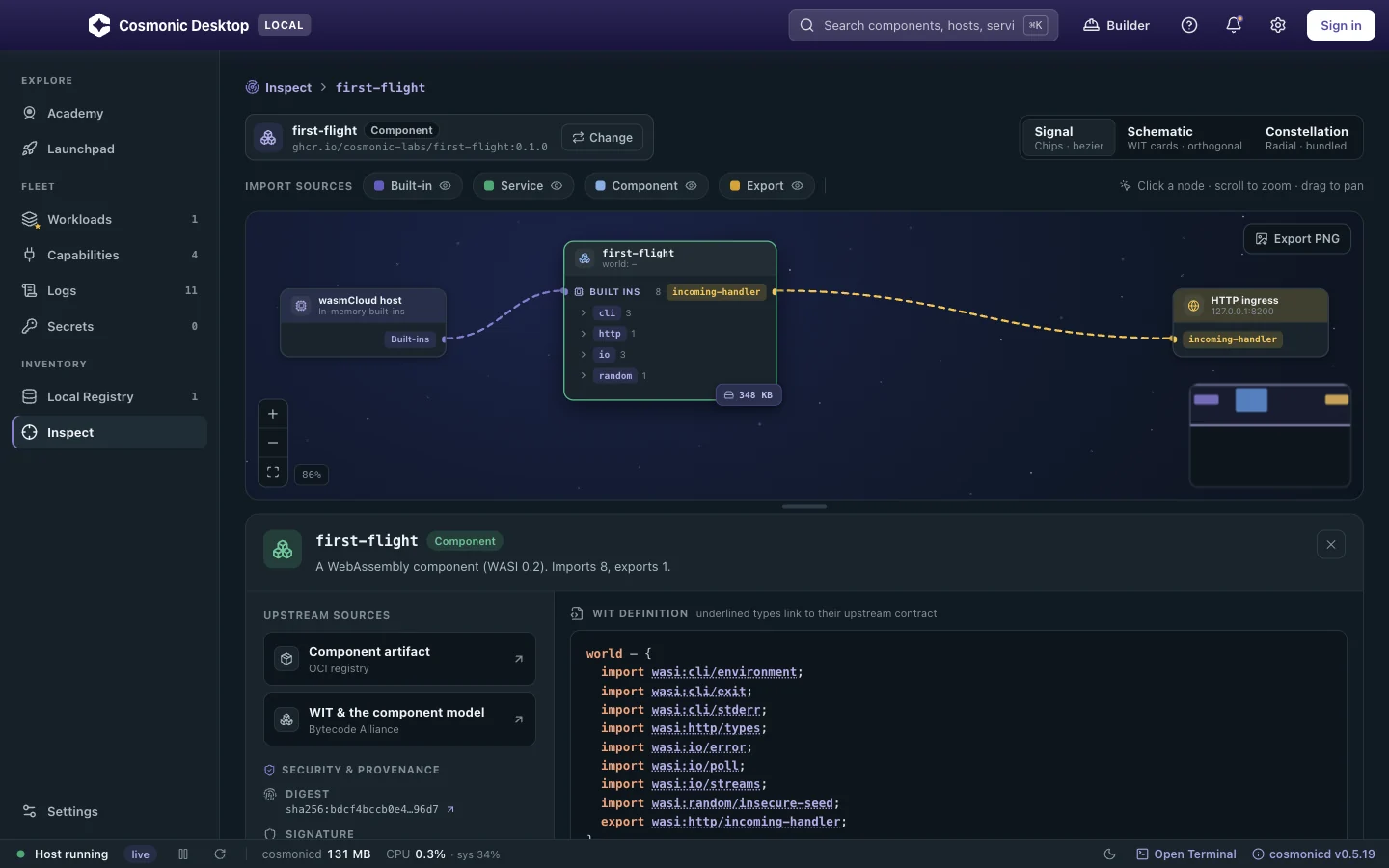 Cosmonic Desktop's Inspect view: a component's declared interfaces and network egress drawn out, with everything else denied by default.