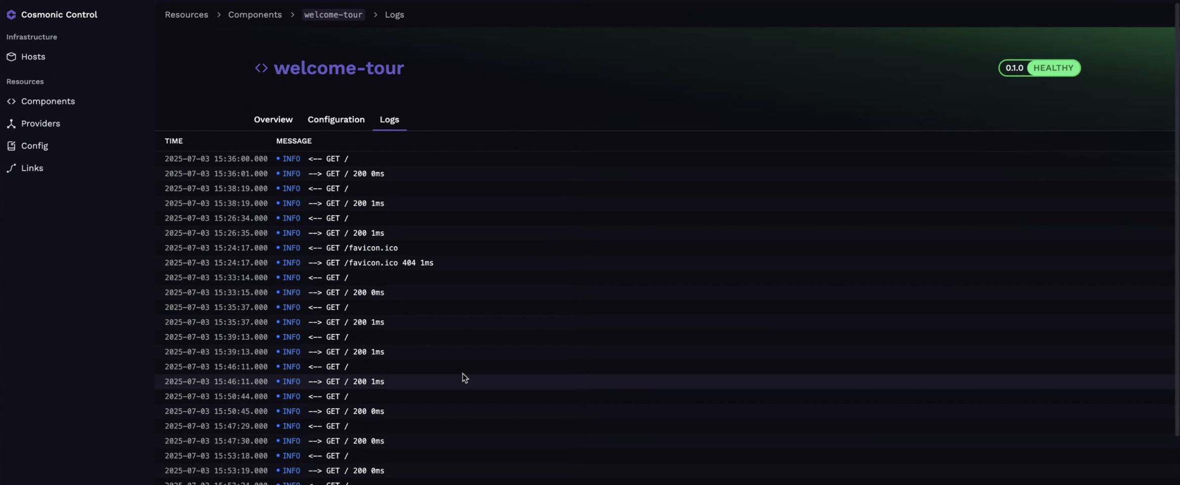 Console UI component logs screenshot