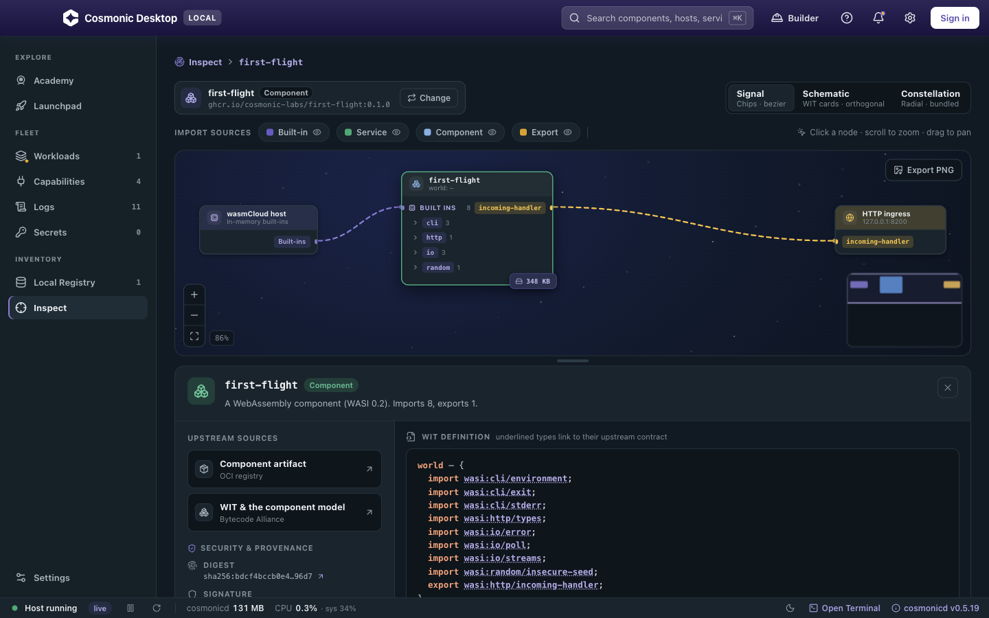 Cosmonic Desktop's Inspect view: a component's declared interfaces and network egress drawn out as a graph, with everything else denied by default.