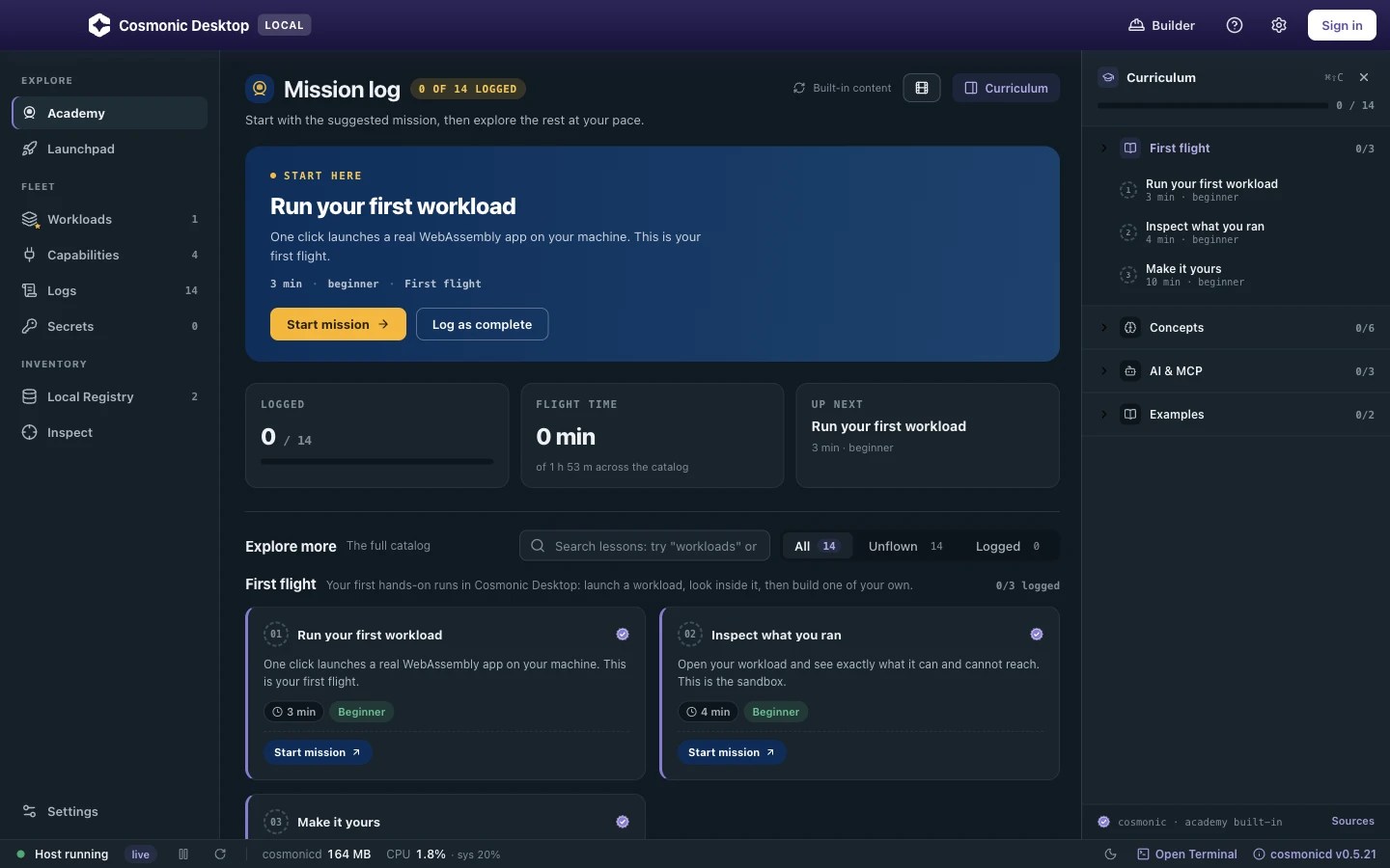 The Academy view (Mission log): a hero for the next mission, progress stats, a list of available missions, and a curriculum quick-nav panel