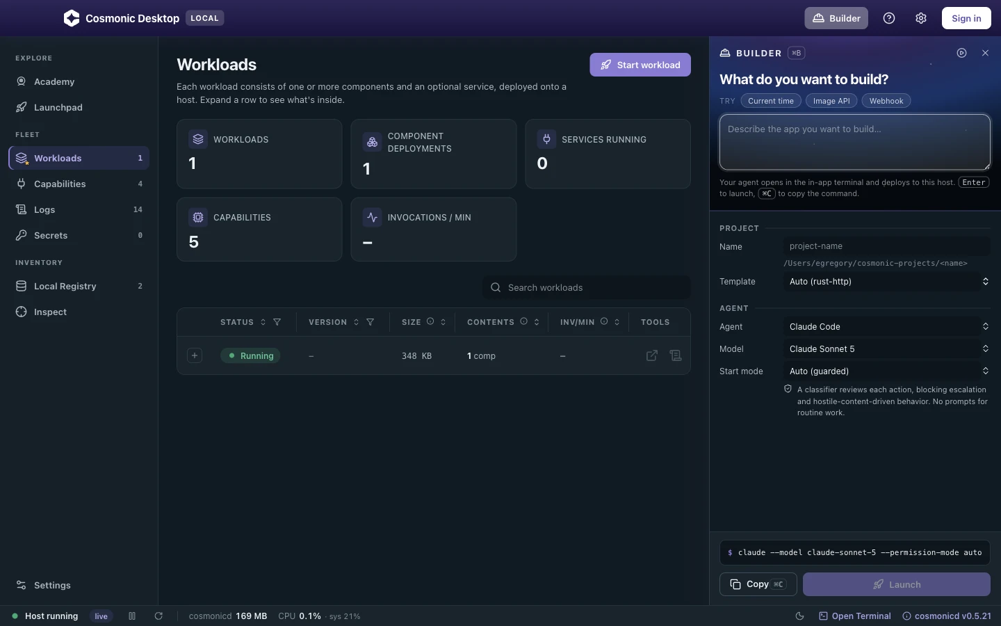 The Builder drawer: a 'What do you want to build?' prompt with agent, template, permission-mode, and terminal pickers, a command preview, and chips for your existing projects