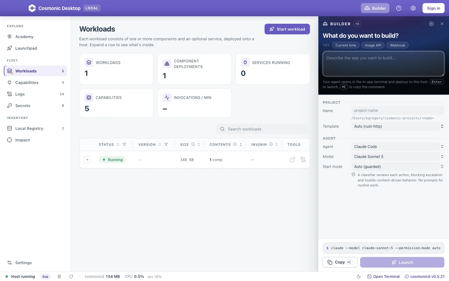 The Builder drawer: a 'What do you want to build?' prompt with agent, template, permission-mode, and terminal pickers, a command preview, and chips for your existing projects