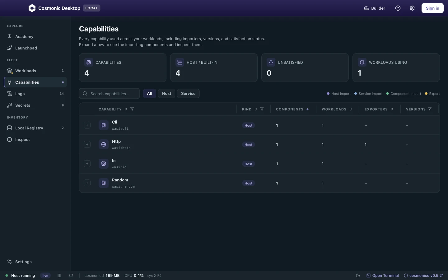 The Capabilities view: a table of every capability in use, with importing components and provider status