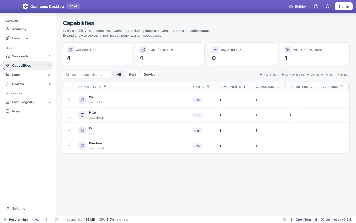 The Capabilities view: a table of every capability in use, with importing components and provider status