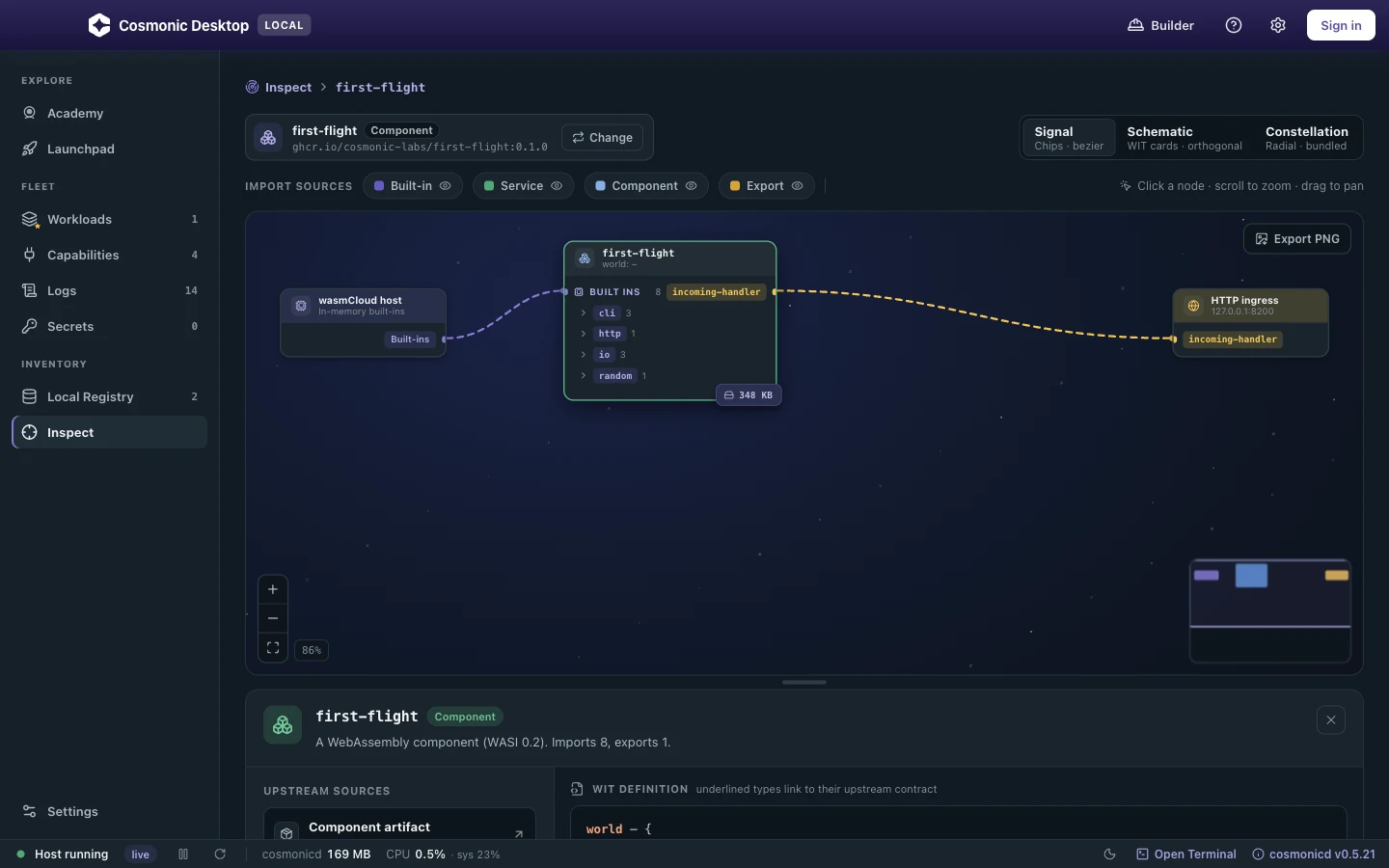 The Inspect view: a component's imports and exports graphed as a color-coded connection diagram