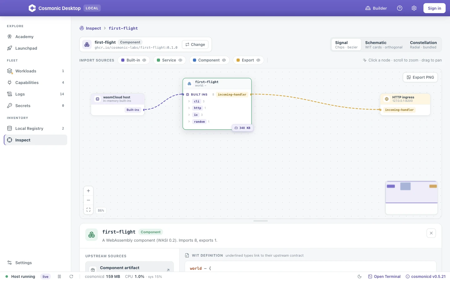 The Inspect view: a component's imports and exports graphed as a color-coded connection diagram