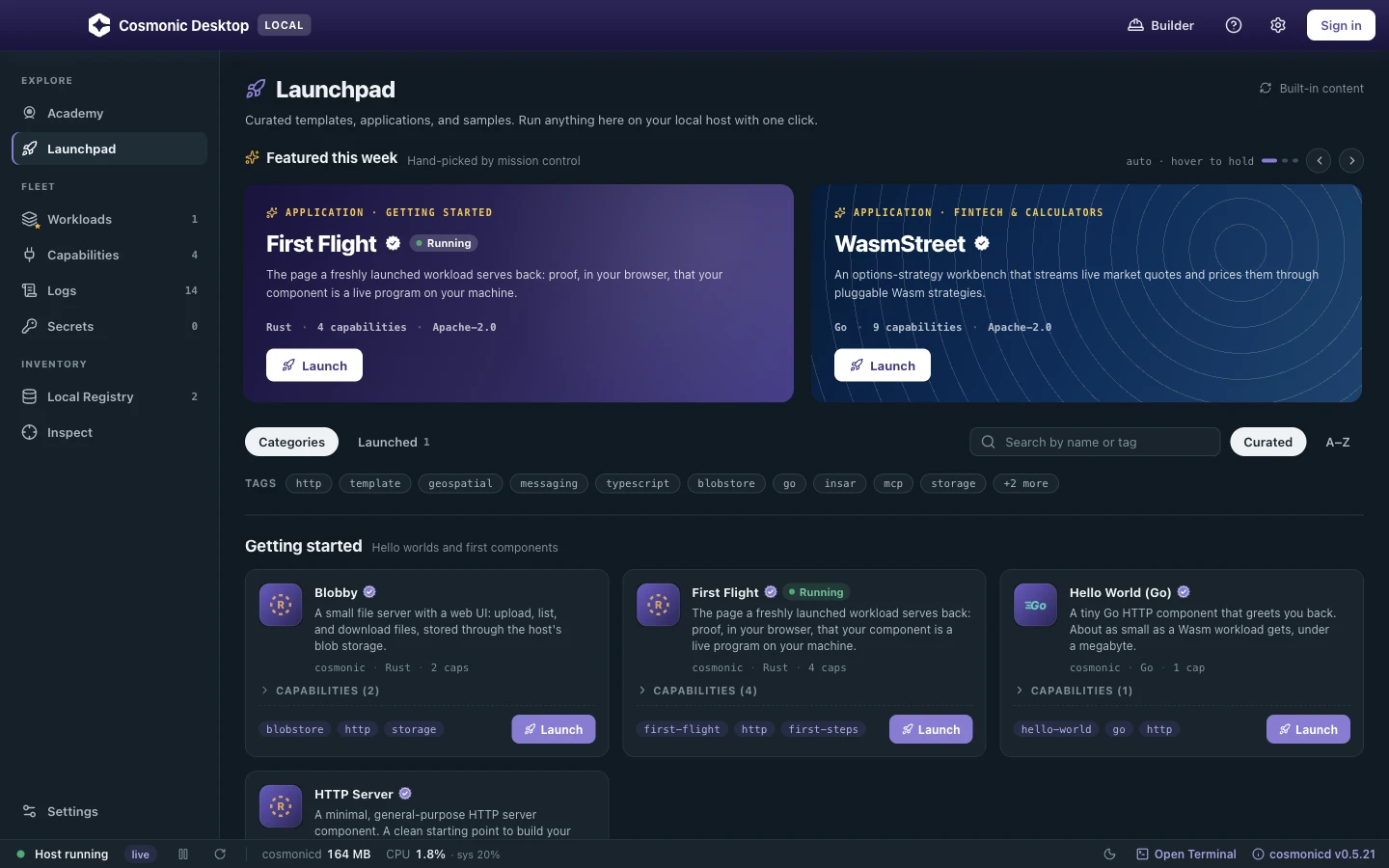 The Launchpad view: featured entries, category and tag filters, and a grid of runnable cards each with a Launch button