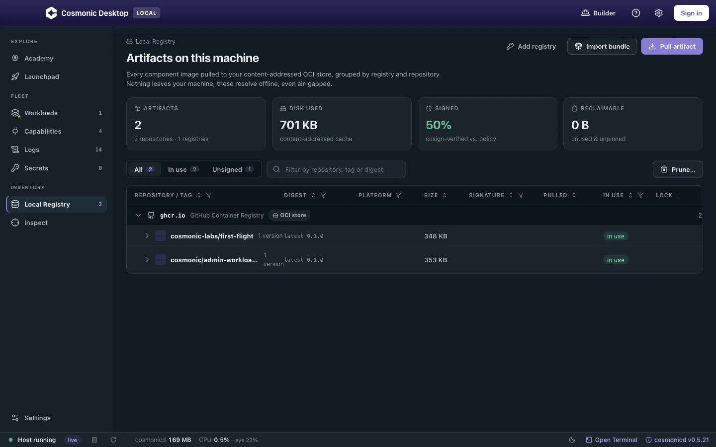 The Local Registry view: the content-addressed OCI cache browsed as a registry, repository, and version tree