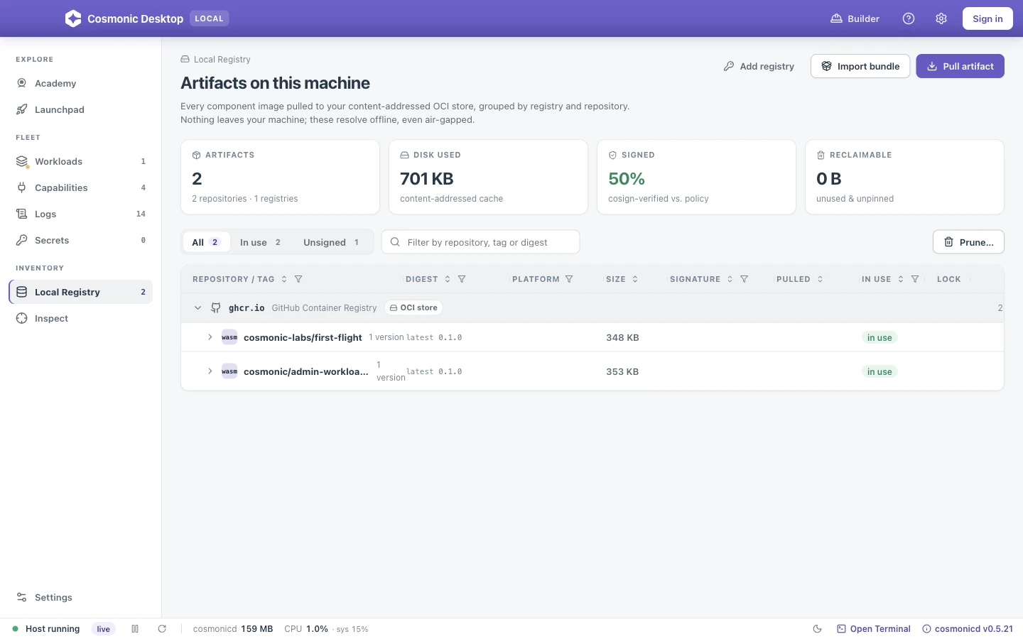 The Local Registry view: the content-addressed OCI cache browsed as a registry, repository, and version tree