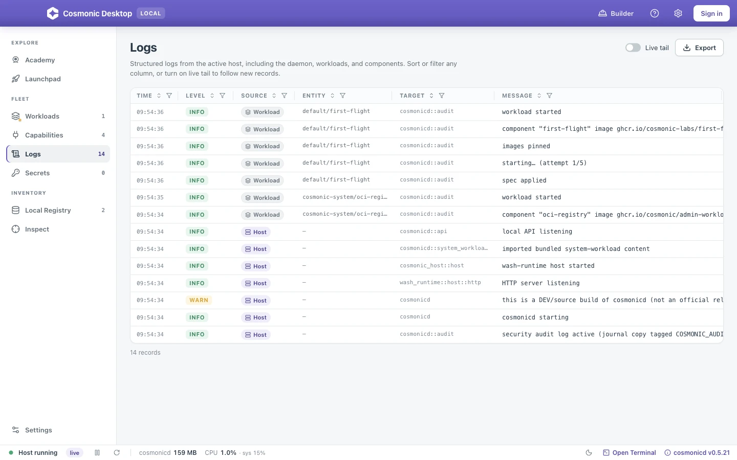 The Logs view: structured, filterable log records from the daemon and workloads, with live tail