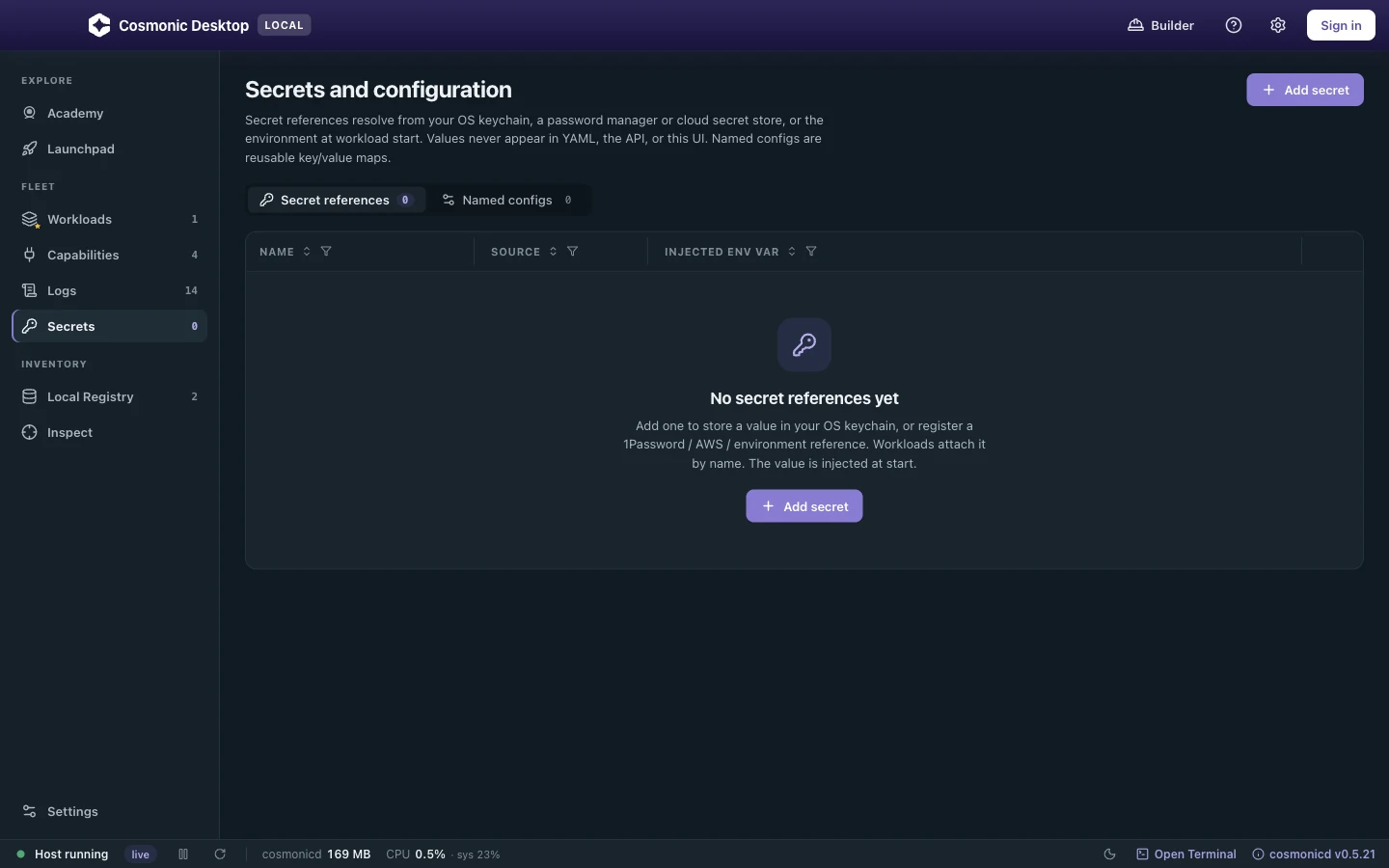 The Secrets and config view: secret references and reusable named configs