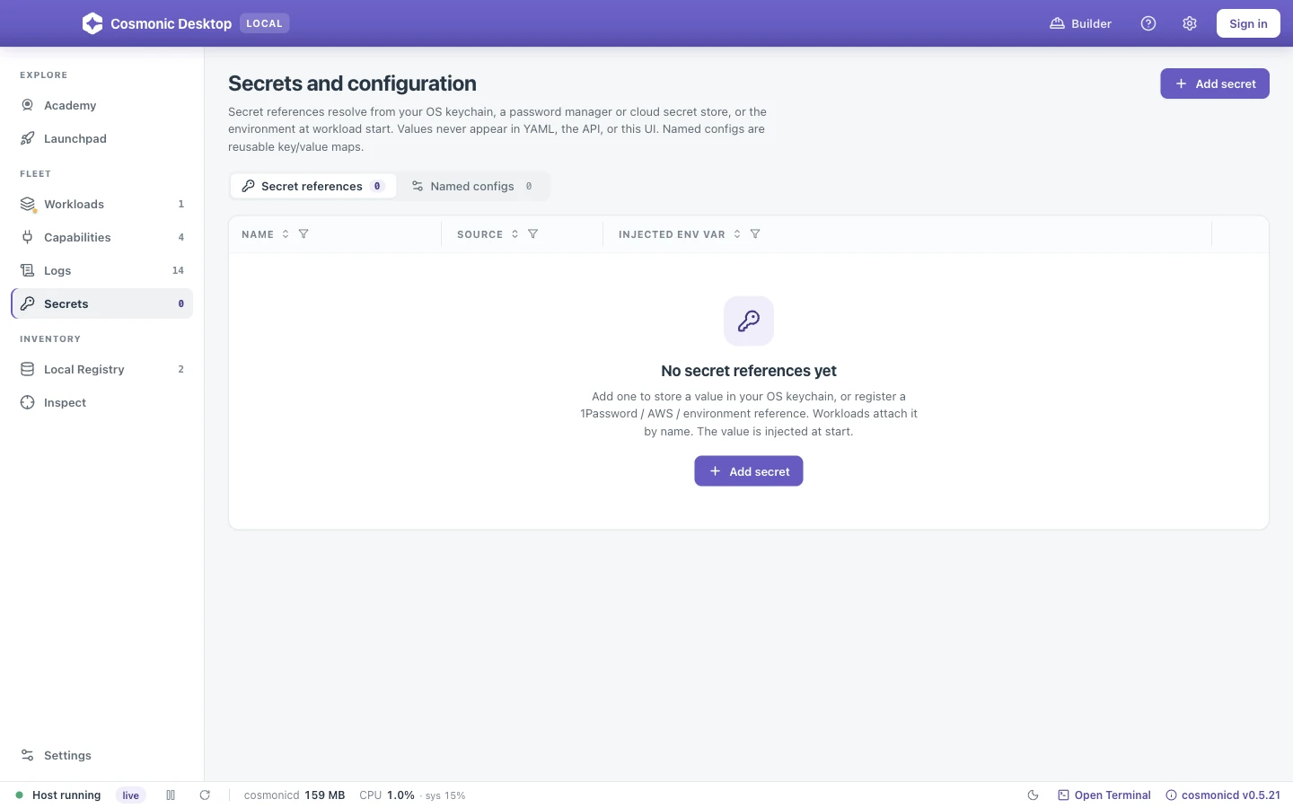 The Secrets and config view: secret references and reusable named configs