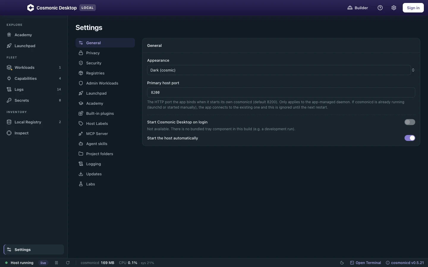 The Settings view with its section navigation