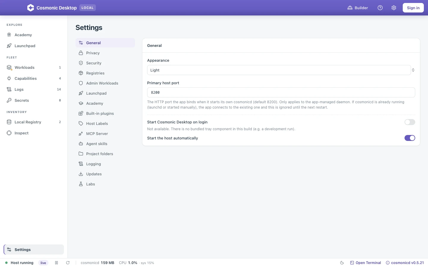 The Settings view with its section navigation