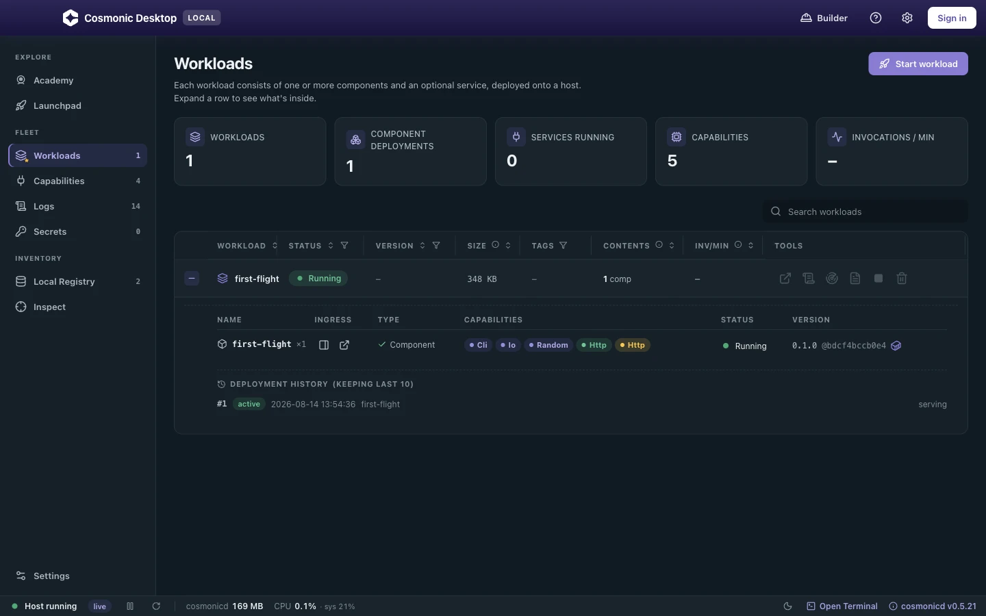 An expanded workload row in Cosmonic Desktop showing the running hello-world component, its capabilities, version and digest, and deployment history