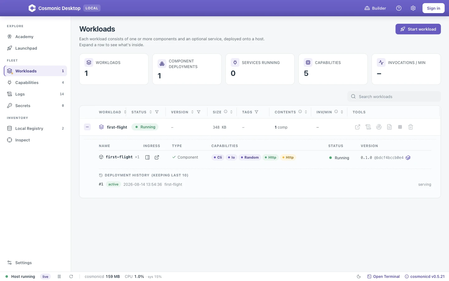 An expanded workload row in Cosmonic Desktop showing the running hello-world component, its capabilities, version and digest, and deployment history