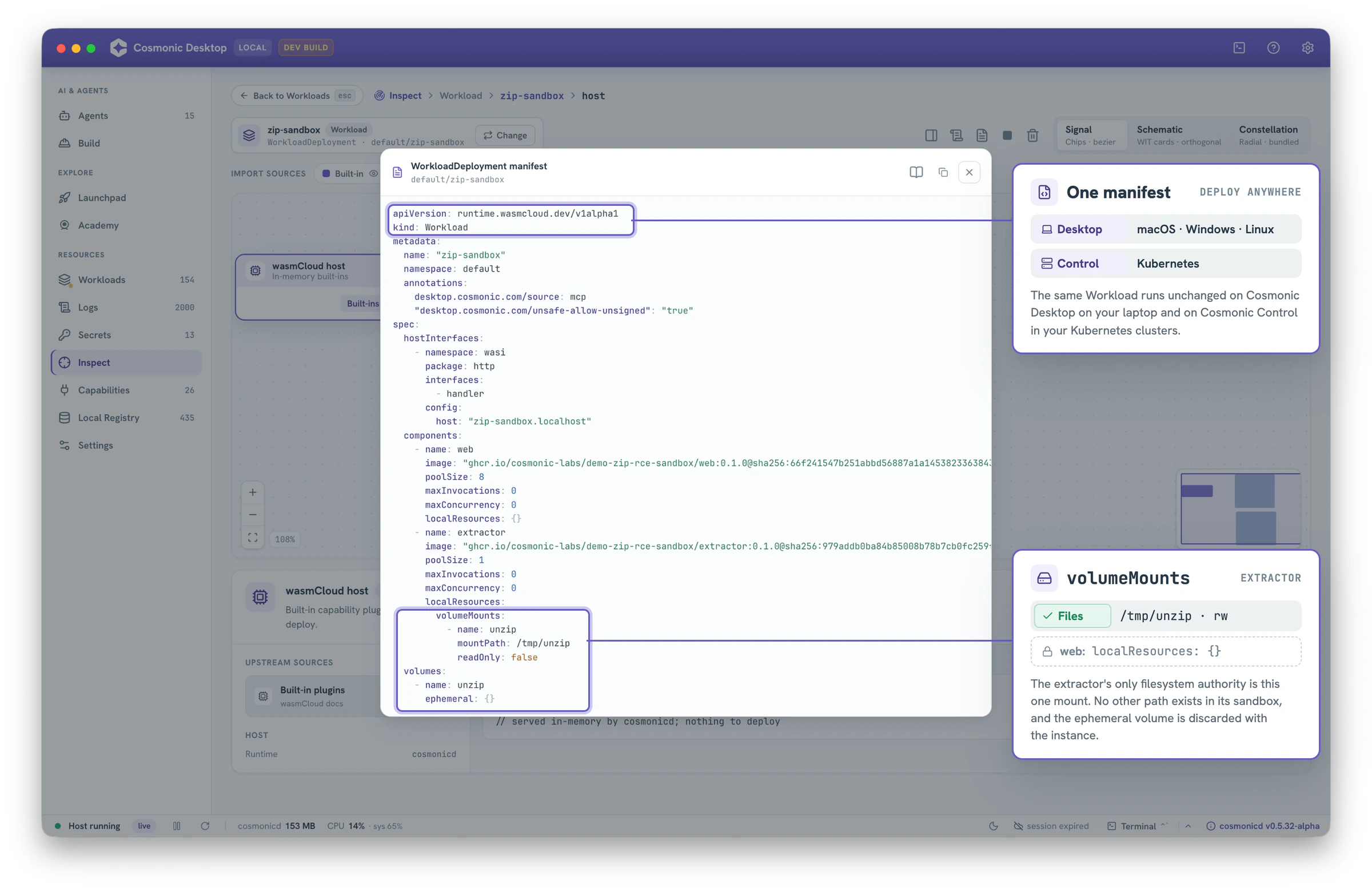The zip-sandbox workload manifest in Cosmonic Desktop: one ephemeral volume mounted at /tmp/unzip for the extractor, and no volume mounts for web.