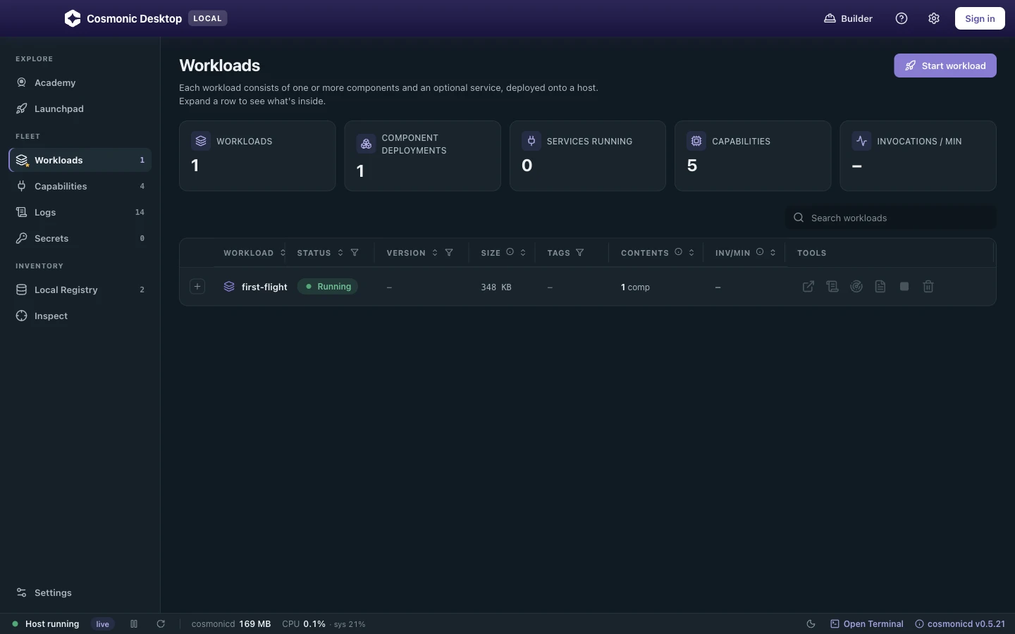 Cosmonic Desktop's Workloads view with a running sandboxed component workload