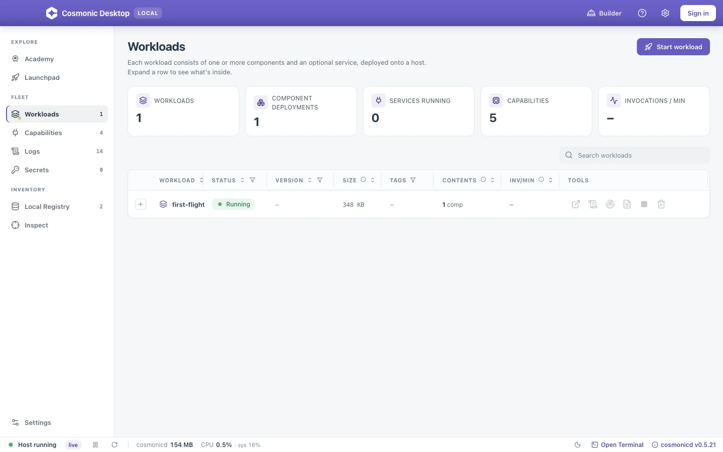 Cosmonic Desktop's Workloads view with a running sandboxed component workload