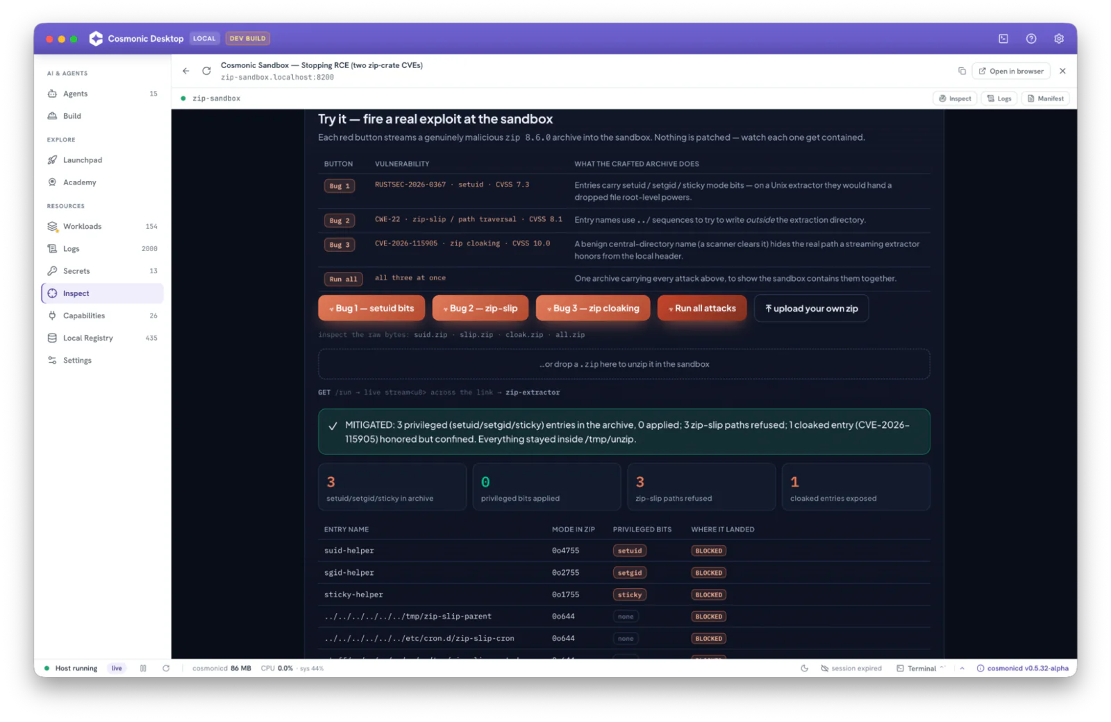 The zip sandbox demo page reporting MITIGATED: three privileged entries in the archive, none applied, zip-slip symlinks neutralized, and the cloaked entry confined to /tmp/unzip.