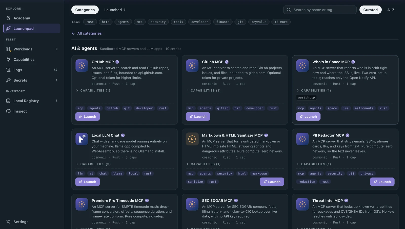 The Launchpad's AI & agents category in Cosmonic Desktop. Who's in Space MCP sits in the top row, its single declared capability, wasi:http, shown on the card.